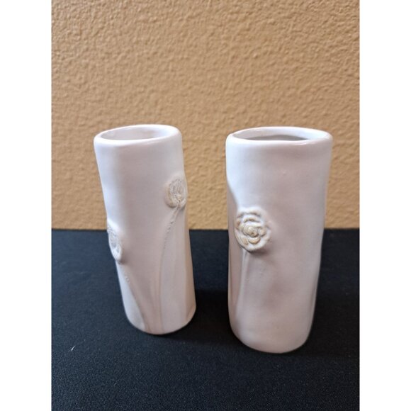 Pair Of White Ceramic Flower Bud Vases With Raised Floral Design - Picture 1 of 8